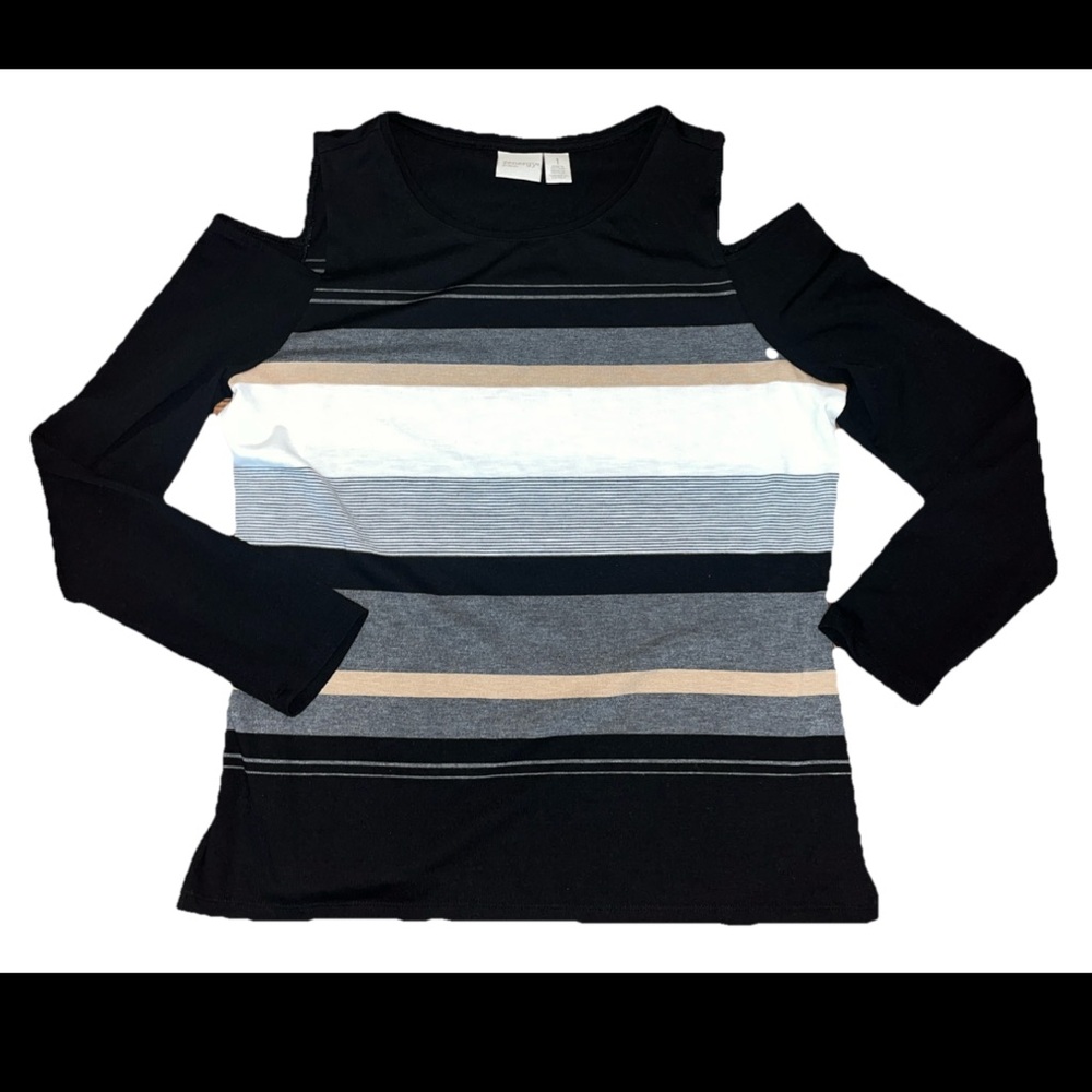 Chicos Zenergy Women Top Black Stripe Cold Shoulder Pullover Side Slits Sweater